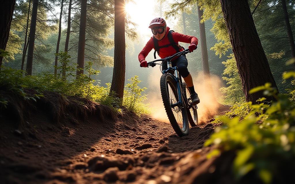 Mountain biking through forest trails